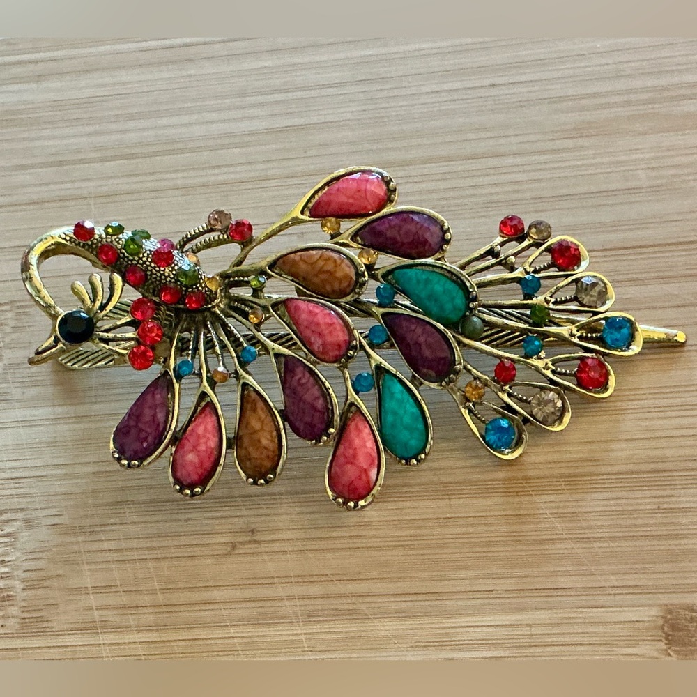 Gorgeous Rhinestone Peacock Bird 5” Elegant Hair Clip Barrette Multi Colored